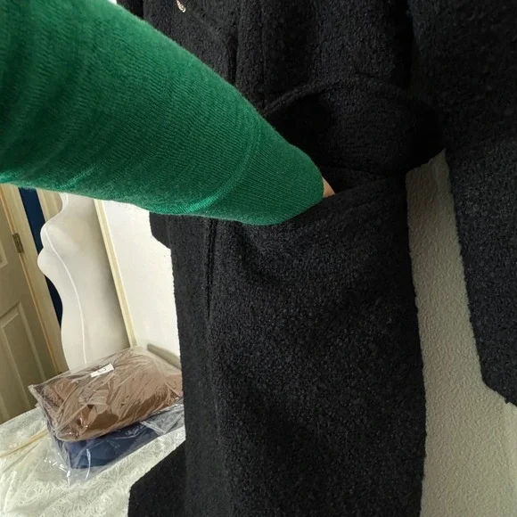 Maeve Black Dble Breasted Tweed Coat Maxi Womens 8P Classic Staple Dark Academia - Picture 9 of 12